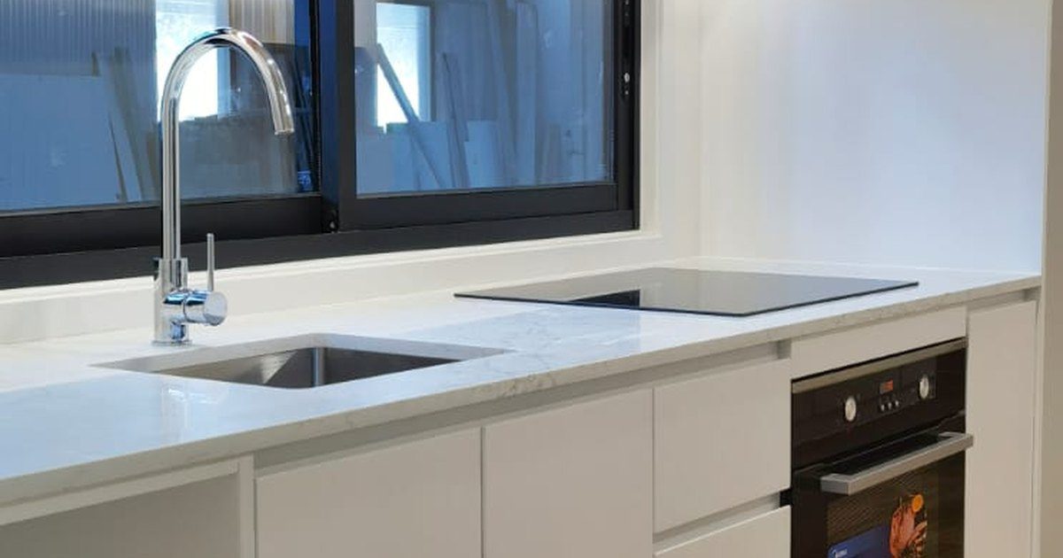 Completed modular kitchen with connected electrical and plumbing services in an EcoPrestige steel-framed module